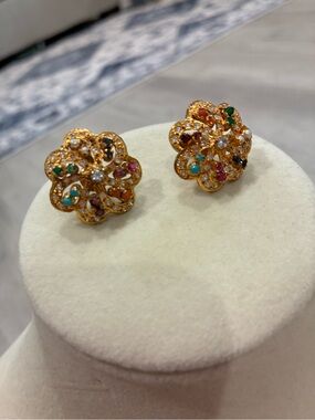 Vintage Floral Multi-Gem Stud Earrings - Colorful Estate Jewelry